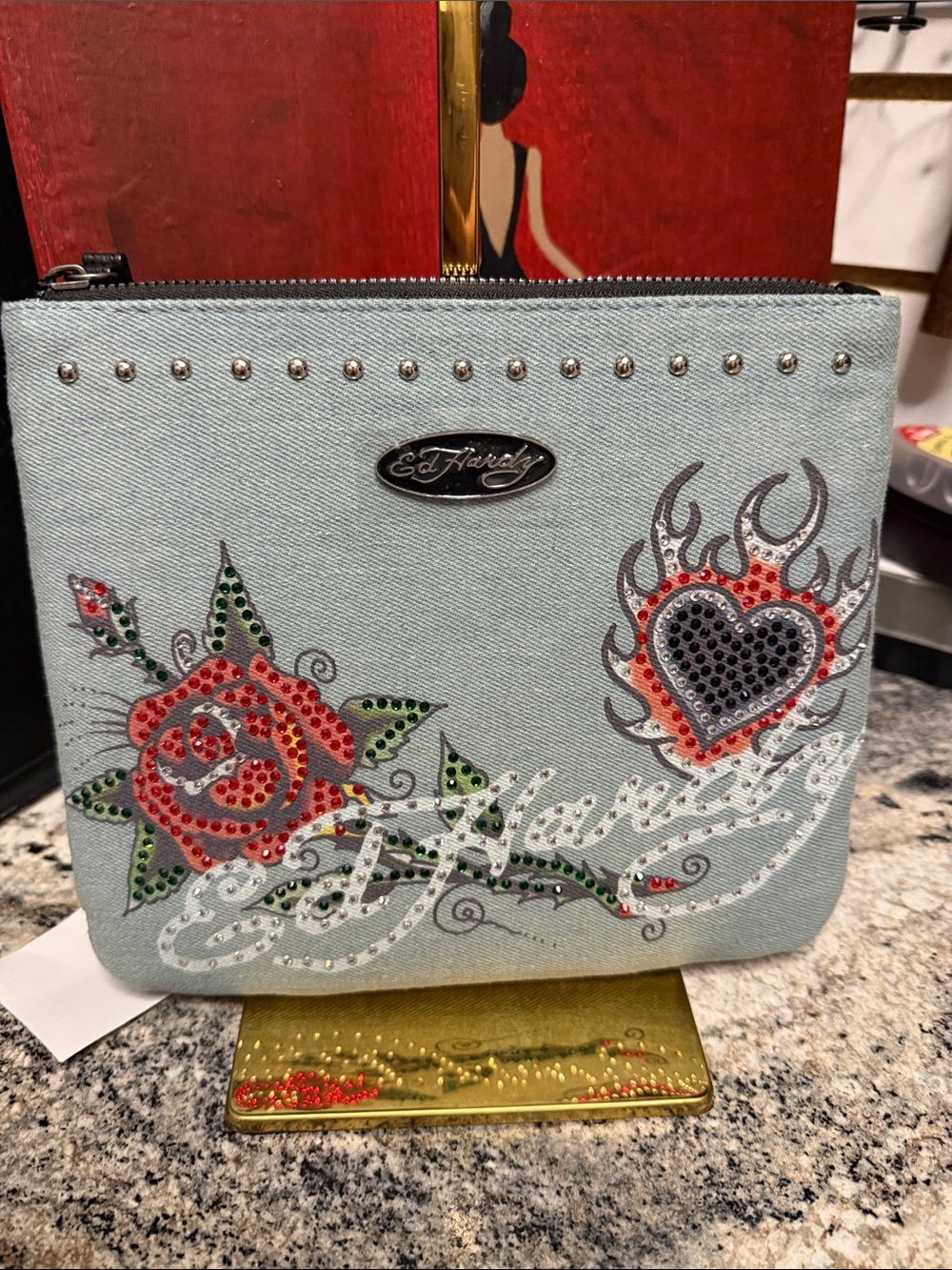 Ed Hardy Light Blue Denim Crystal-Embellished Pouch